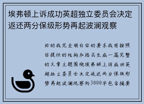 埃弗顿上诉成功英超独立委员会决定返还两分保级形势再起波澜观察 埃弗顿上诉成功英超独立委员会决定返还两分保级形势再起波澜观察